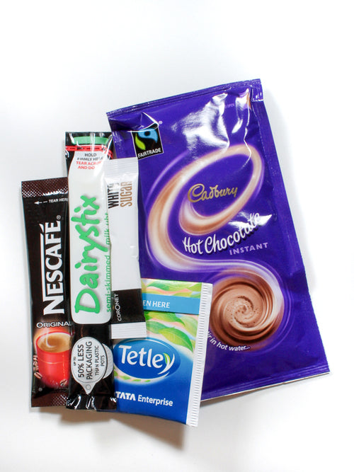 Assorted Drinks Beverage Pack with Tea, Coffee, Hot Chocolate, Milk and Sugar